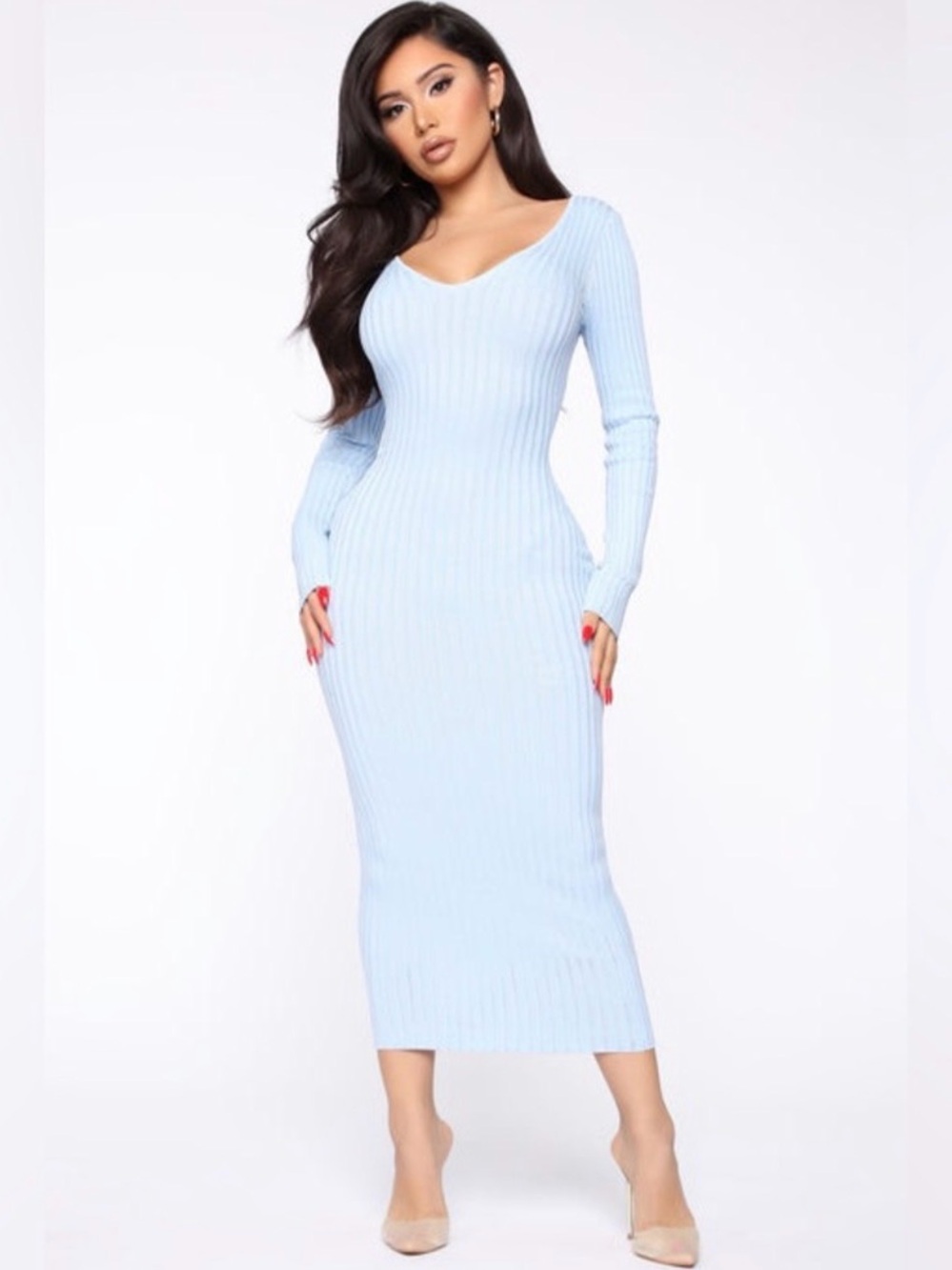 Fashion Nova Light Blue Ribbed Long Sleeve Midi Dress